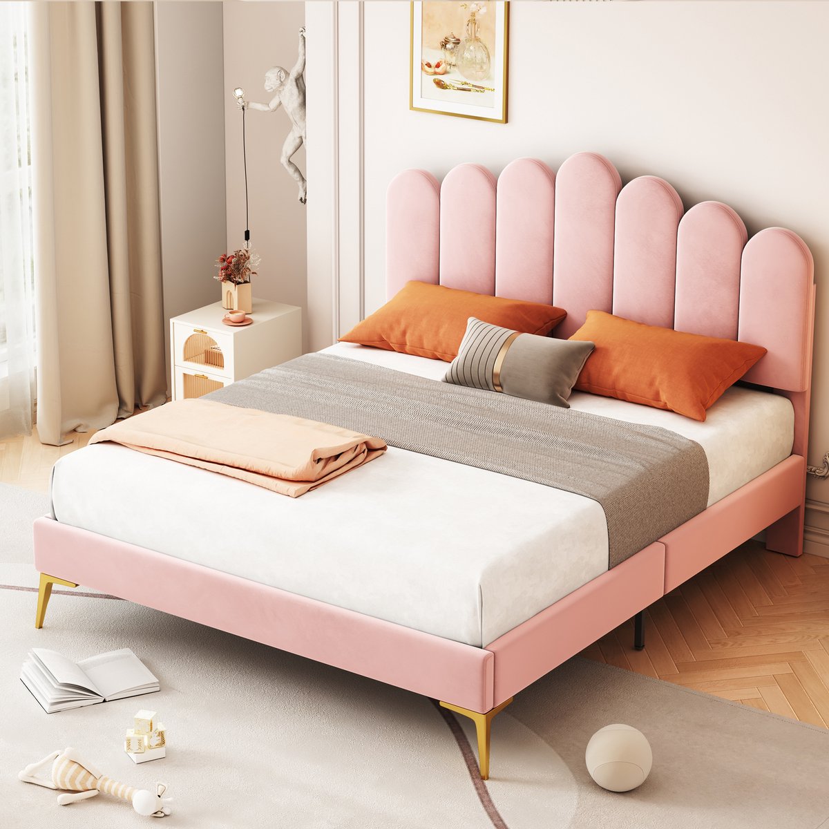 AURA LUMEN Gestoffeerd bed-Twijfelaarbed-140 x 200 cm-Met kopbord-Met lattenrooster-Rosa Roze