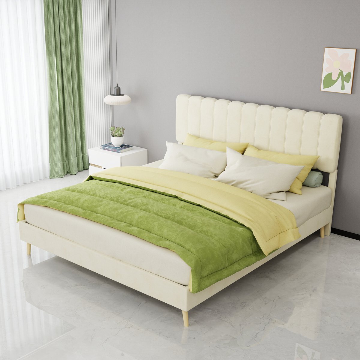 AURA LUMEN-Gestoffeerd bed-Tweepersoonsbed-160 x 200 cm-Plush hoofdbord-Low-profile-Zacht beige