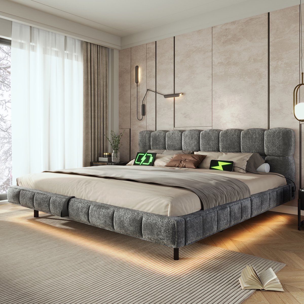 AURA LUMEN Gestoffeerd bed Twijfelaarbed 140x190 cm Hydraulisch stauraambed LED-verlichting USB en Type-C aansluiting Chenille Grijs