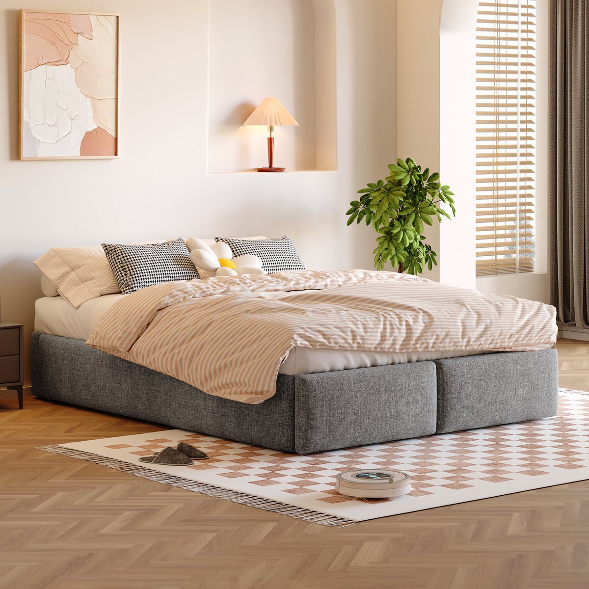 AURA LUMEN Gestoffeerd bed-Twijfelaarbed-140 x 200 cm-Hydraulisch bed-Bed met lades-Grijs