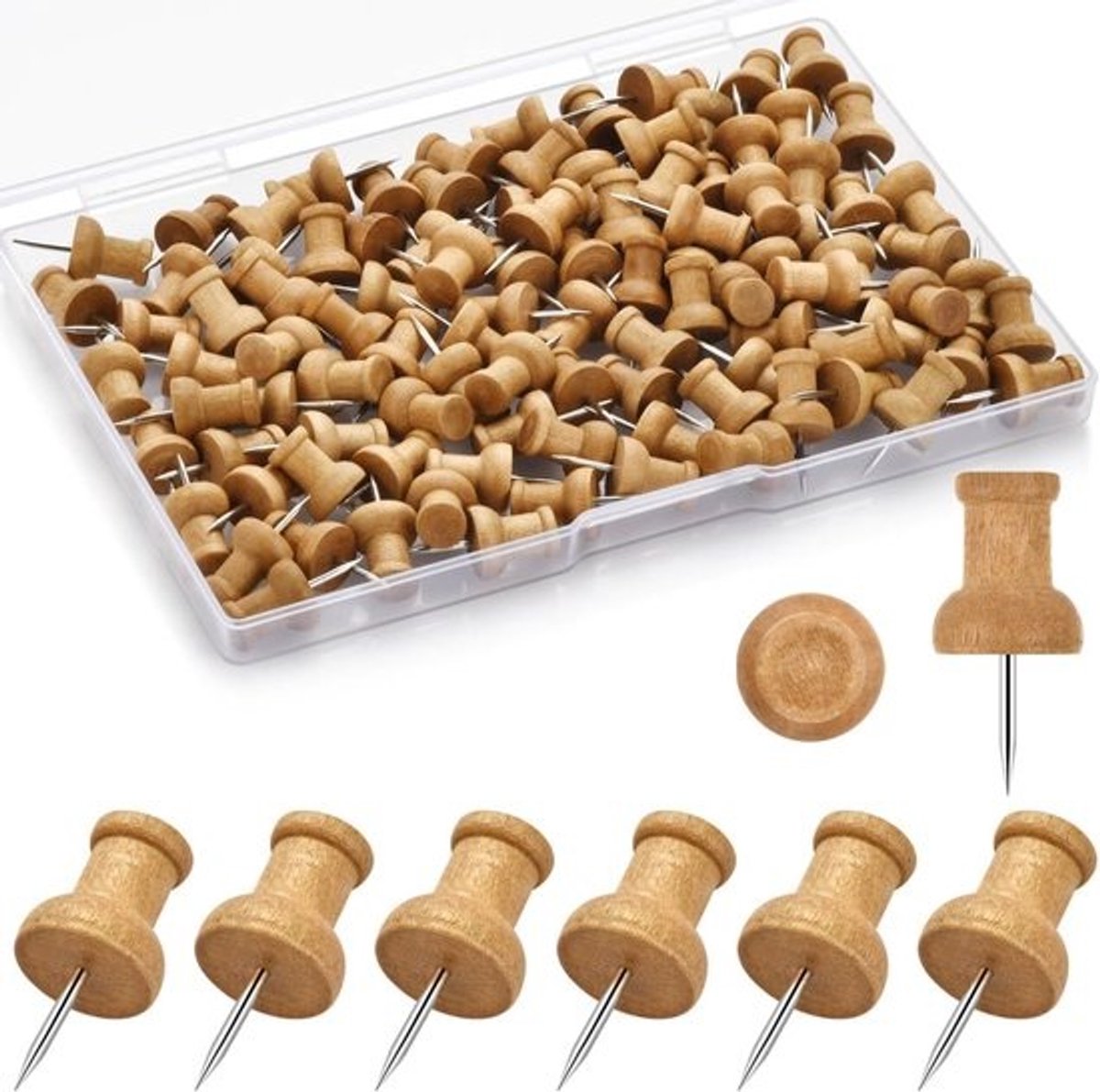 Houten duimspijkers - Decoratieve pinnen - Voor muurbevestiging - Set van 100 stuks - 14 x 10 cm - Natuurlijk hout