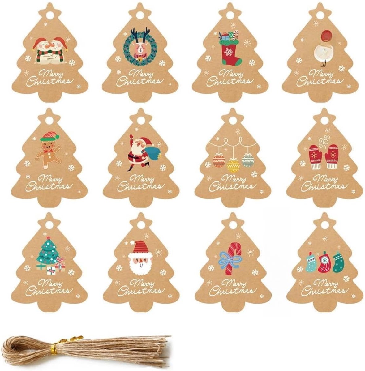Kerstcadeau Labels 48 Stuks van Kraftpapier met Touw - 12 Unieke Ontwerpen voor een Persoonlijk Tintje