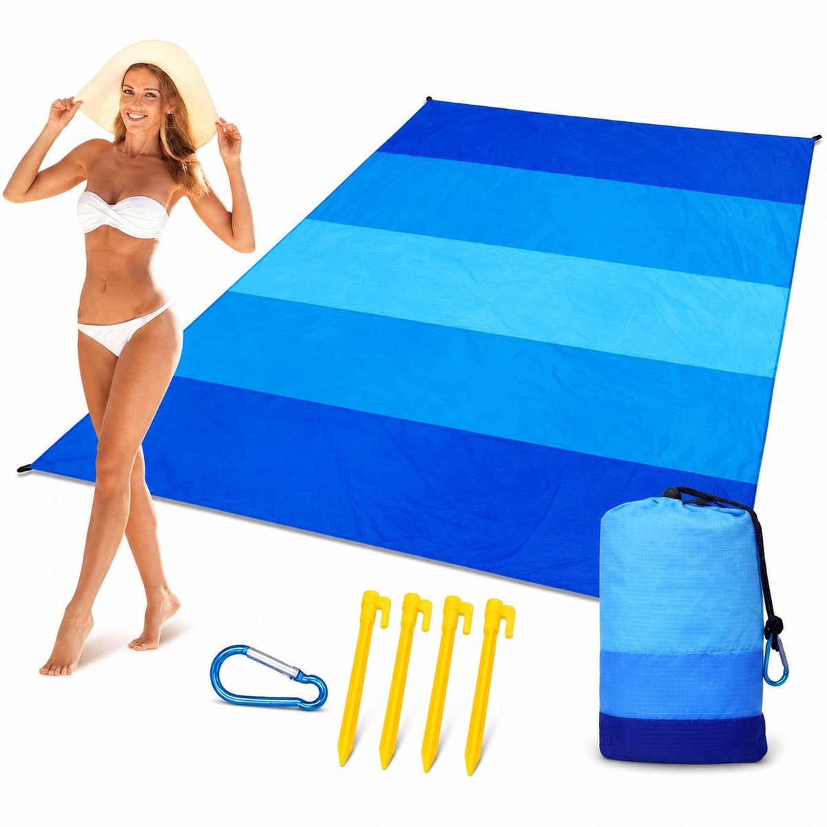 VHV - Lichtgewicht strandmat set - Blauwe gestreept strandlaken - 200 cm - Blauw - Zandvrije strandmat - Picknickdeken - Outdoor kleed - in de tuin