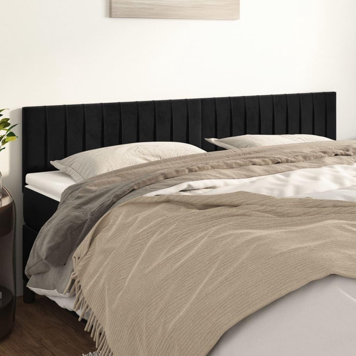 Hoofdeinde van het bed in zwart, 160 x 5 x 78/88 cm, in hoogte verstelbaar en houten poten, voor uitstekende rugondersteuning bij het lezen of televisie kijken.