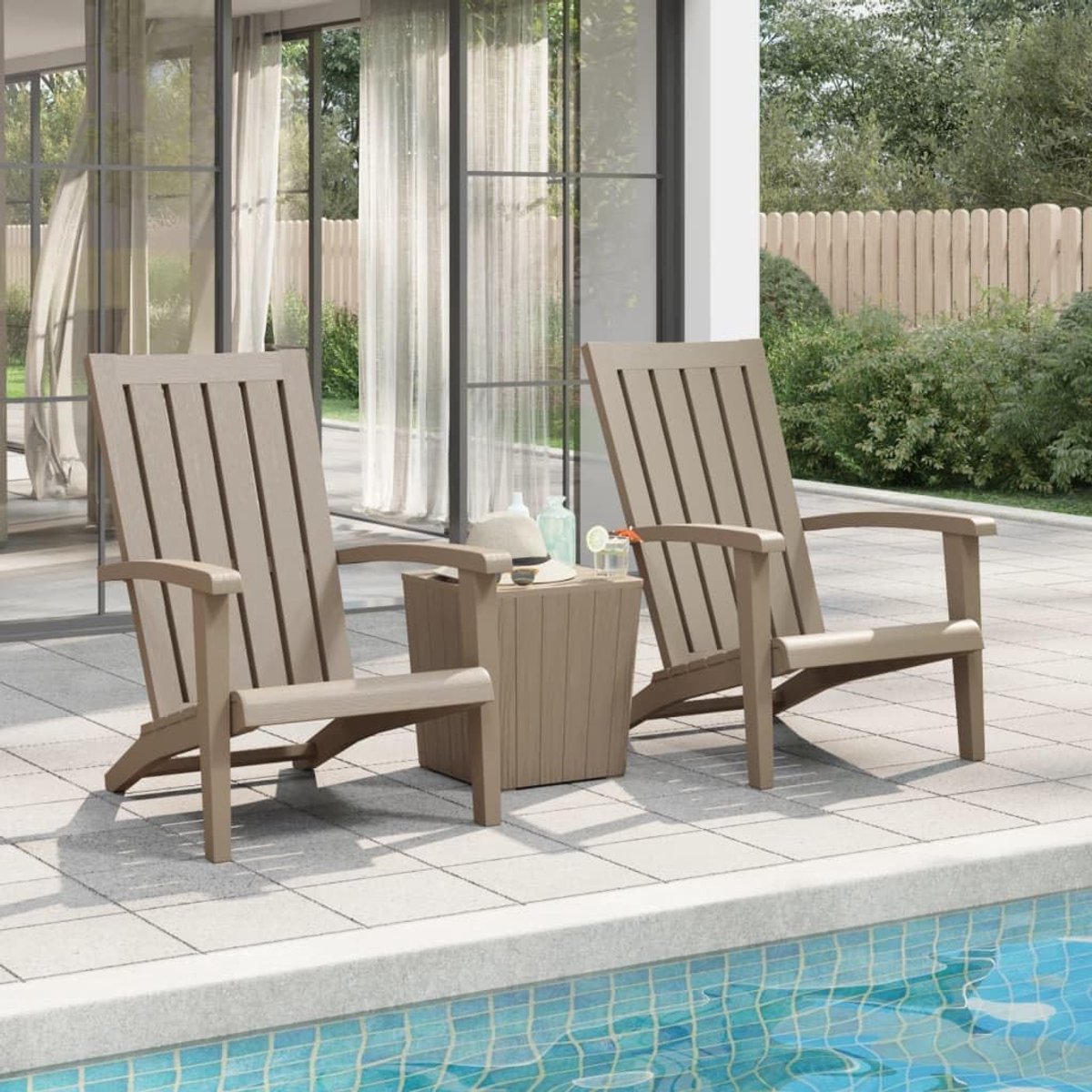 Tuinstoelen 2 stuks lichtbruin polypropyleen met ergonomische zitting en armleuningen textuur in houtlook ideaal voor terras balkon tuin