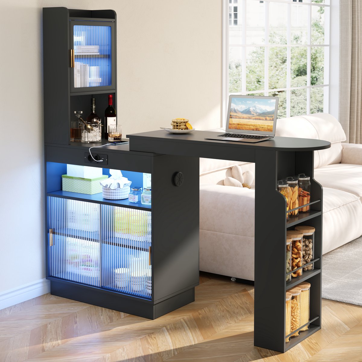 COVREO Uitschuifbare bartafel met kast – 131-170x40x170 cm – Statafel met laadpunt – Keukentafel met LED – Zwart