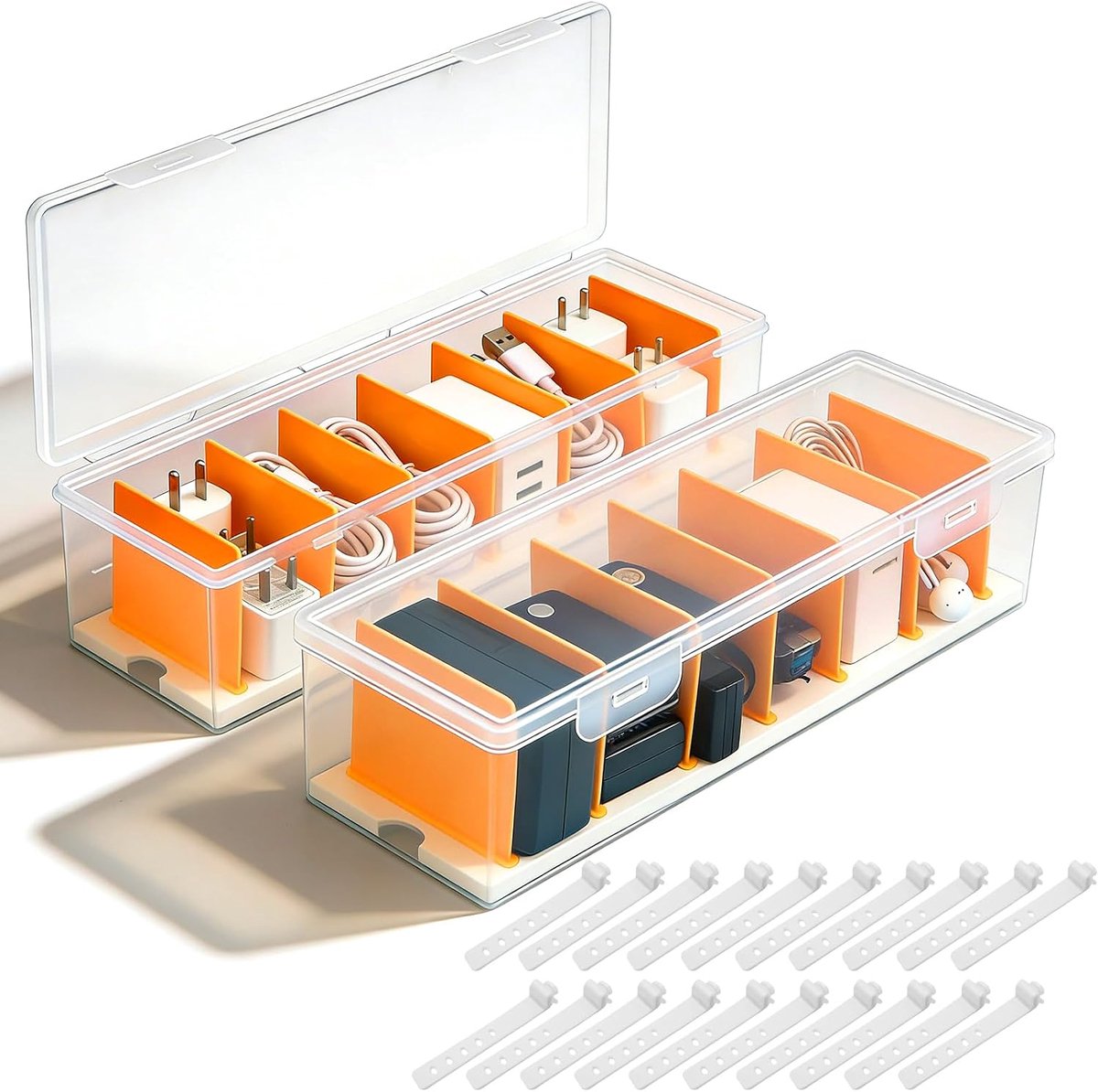 Kabelopbergdoos 2pcs - Transparant met 7 Aanpasbare Compartimenten - Inclusief 20 Kabelbinders - ShopVlot