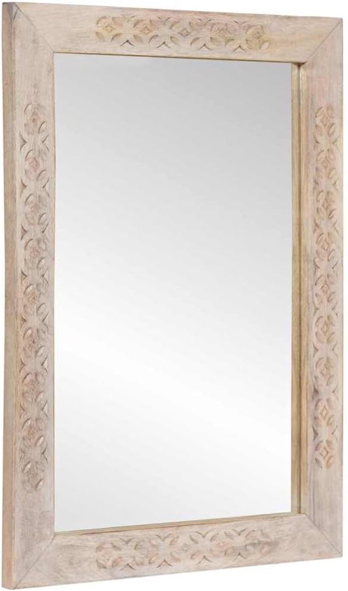 Wit, 70 x 50 cm, met mangohouten lijst, moderne rechthoekige spiegel voor wastafel en wandmontage, heldere reflectie en elegant design