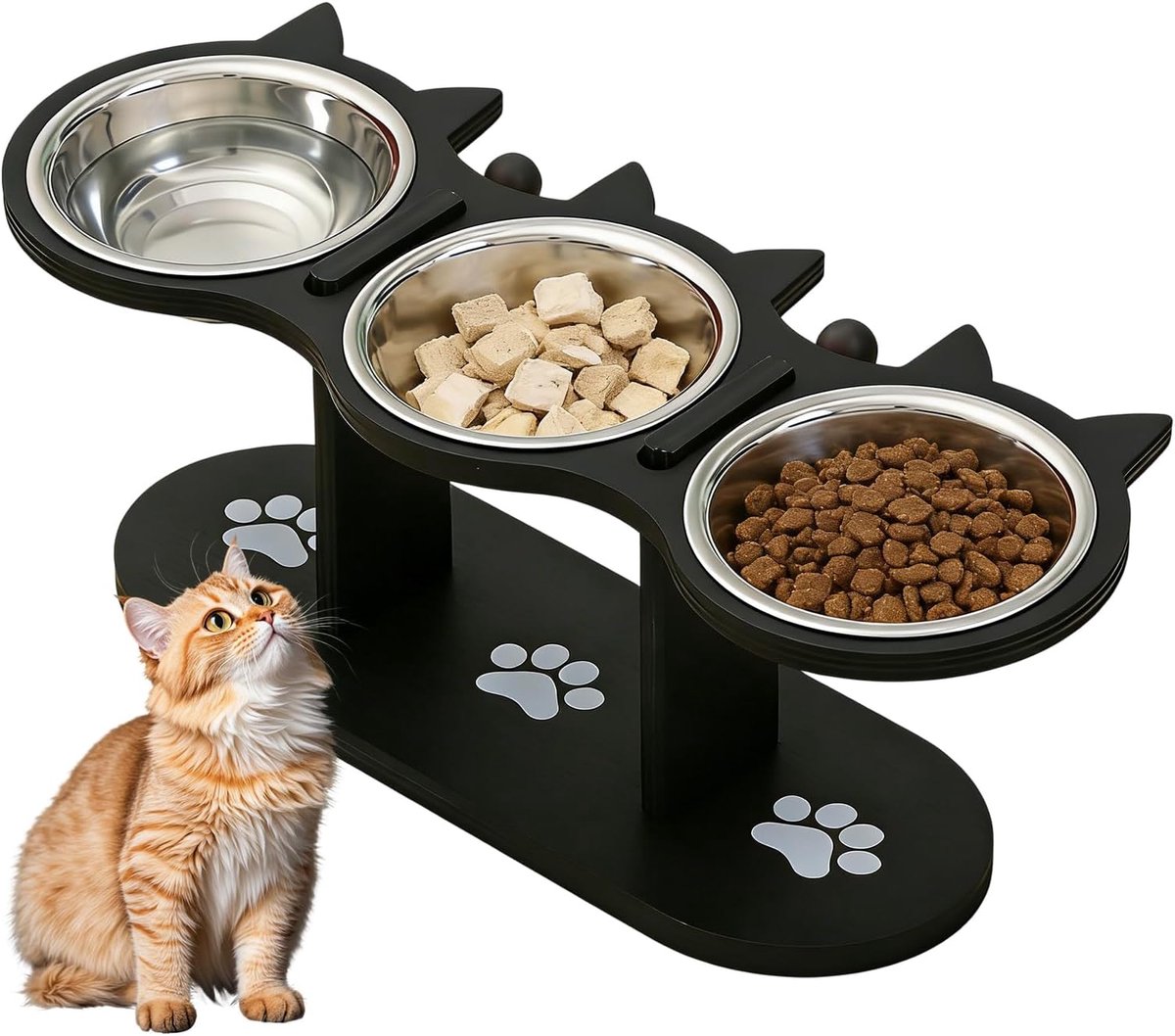 Kat voerstation met verhoogde kattenbak - 3 RVS kommen - hoogte verstelbaar - stijlvol en functioneel - ShopVlot