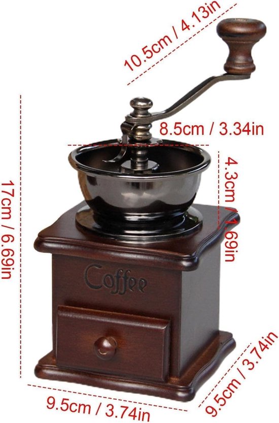 Handmatige Koffiemolen - Retro Stijl Koffiebonenmolen met Houten Tray en Handmatige Crank, Perfect voor Versgemalen Koffie, Compact en Duurzaam (17.5 * 10.5 * 10.5cm) — afbeelding 2