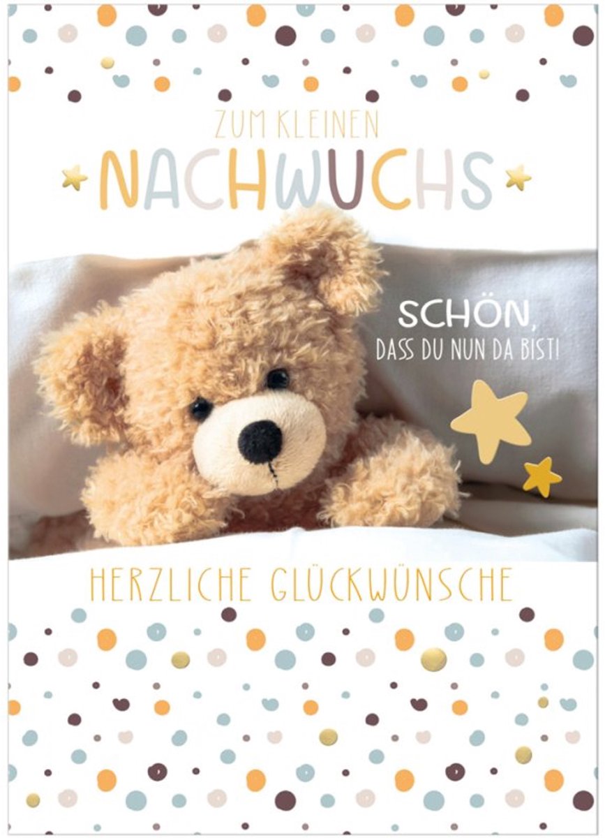 SUSY CARD geboortekaart Teddybeer, A5, foliepregels, gekleurde envelop