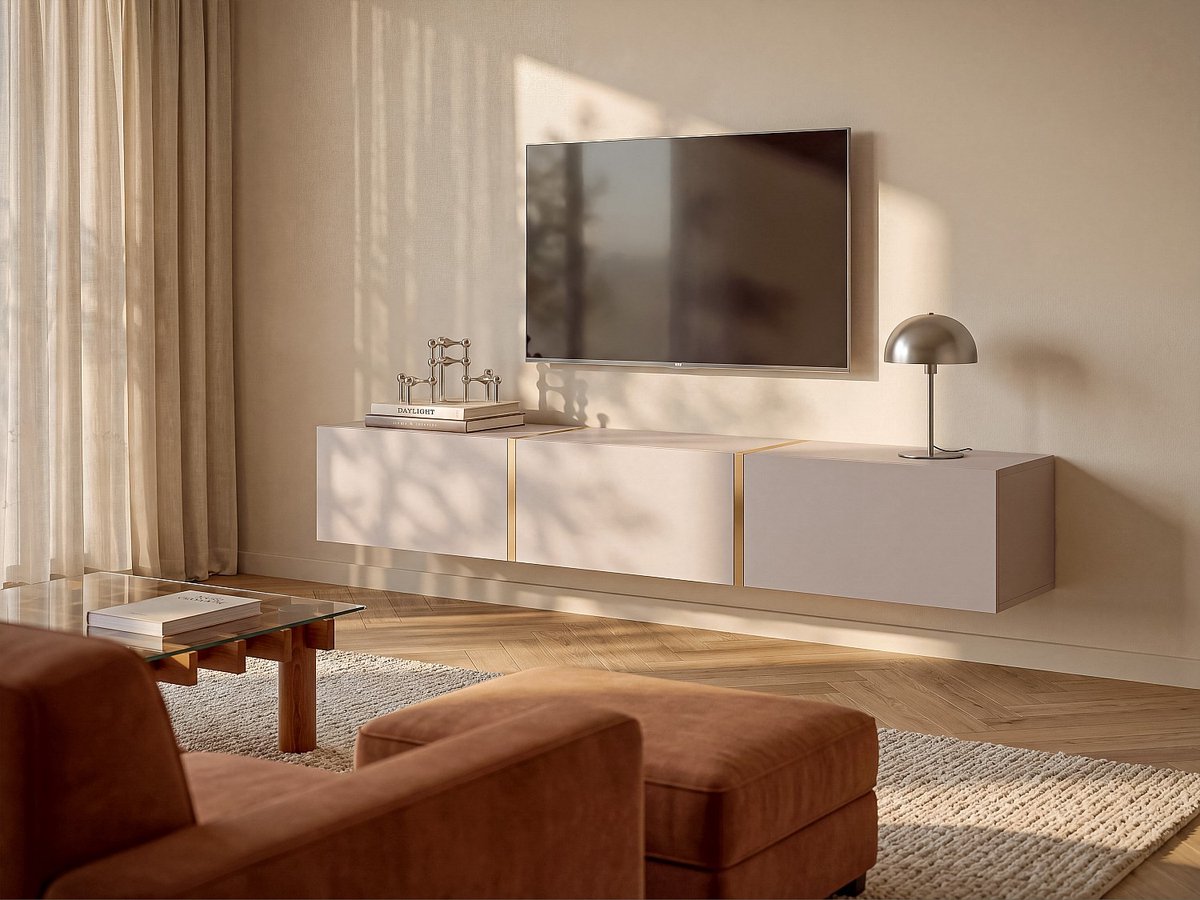 Vente-unique Zwevend tv-meubel met 3 deuren - Beige en goudkleurig - MARZIALO Beige, Goudkleurig