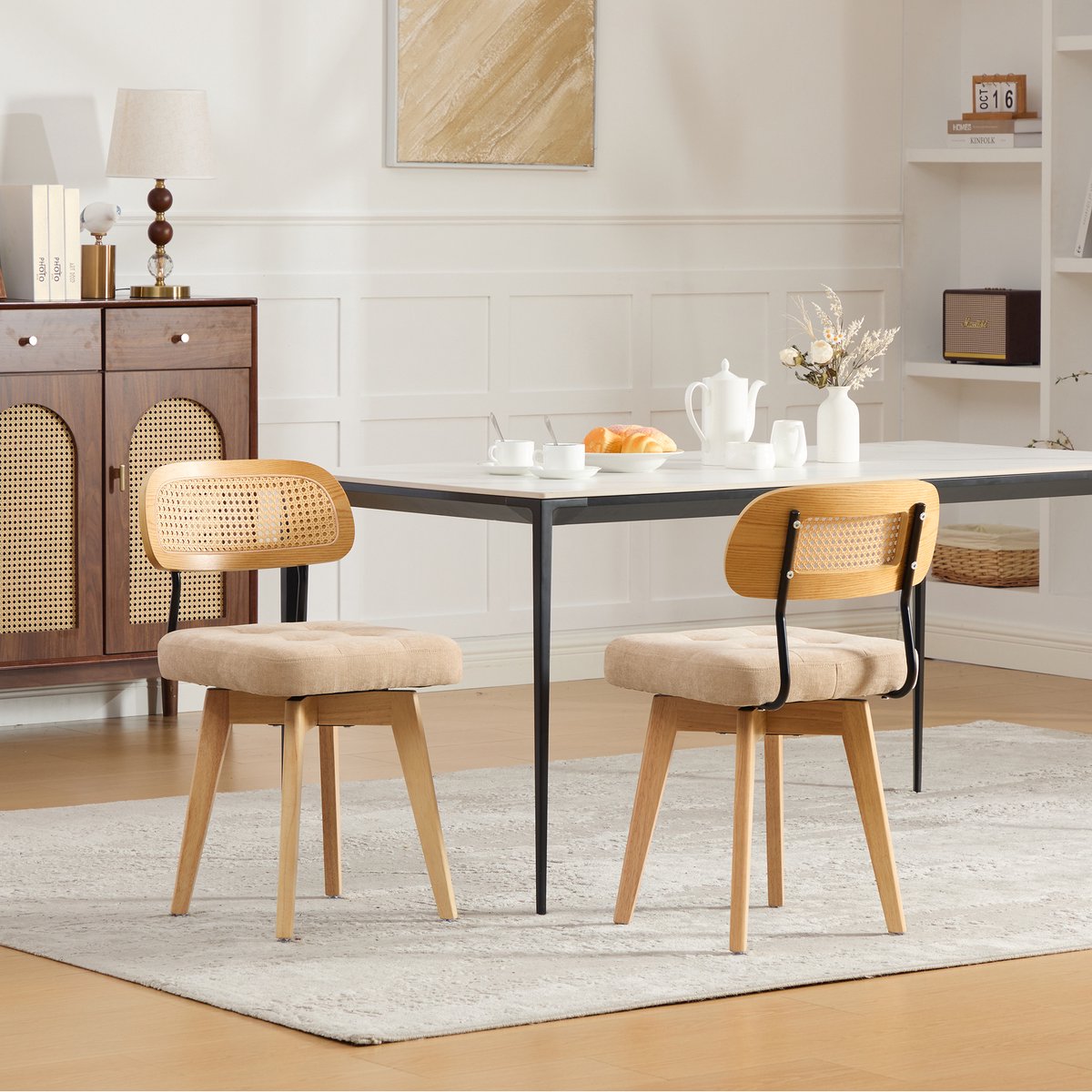 COVREO 360° draaibare eetkamerstoelen set van 2 – Stoelen met chenille zitting – Zitmeubels voor eethoek – 43x50x77 cm – Khaki