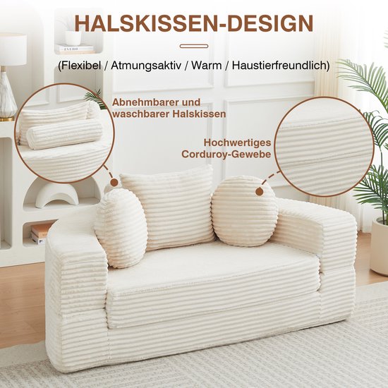 Beige ribfluwelen bank met afneembare, wasbare nekrolkussens.