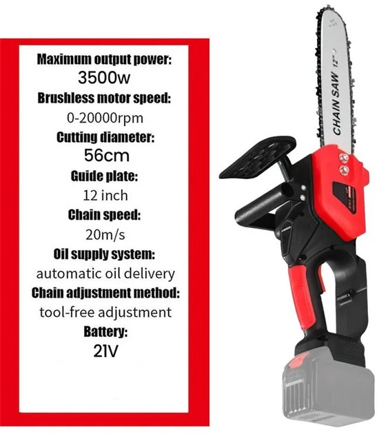 Zerova Electrische Kettingzaag - Kettingzaag - Snoeizaag - Takkenzaag - Handzaag - 2 Accu's - Borstelloze Motor - Rood met Zwart — afbeelding 4