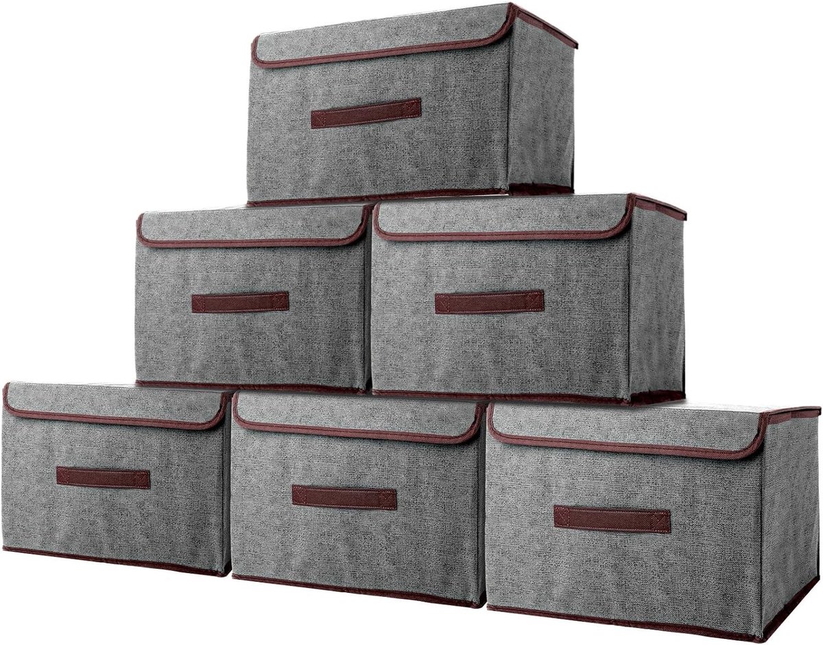 Opbergdozen Set van 6, 36 x 23 x 24 cm, Vouwbare Opbergdozen met Deksel in Grijs voor Kleding, Sokken en Kasten