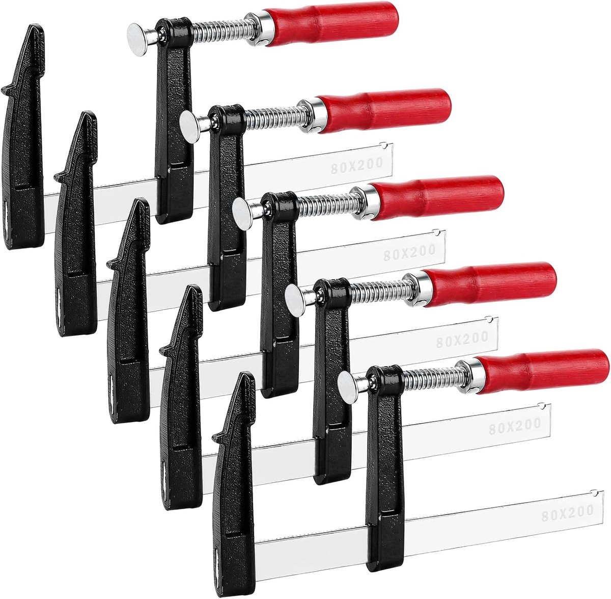 Set van 5 Schroefklemmen 200 x 80 mm, Carbon Staal F-klemmen voor Houtbewerking, Geanodiseerde Gidsrail en Ergonomische Handgreep, Ideaal voor Werkplaats en Montage