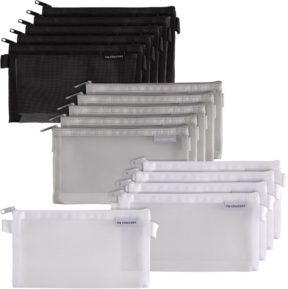 Pennenetui, 15 stuks, 20,5 x 12 cm, netstof, zwart, wit, grijs, make-uptas, klein, met ritssluiting, voor kantoor - ShopVlot