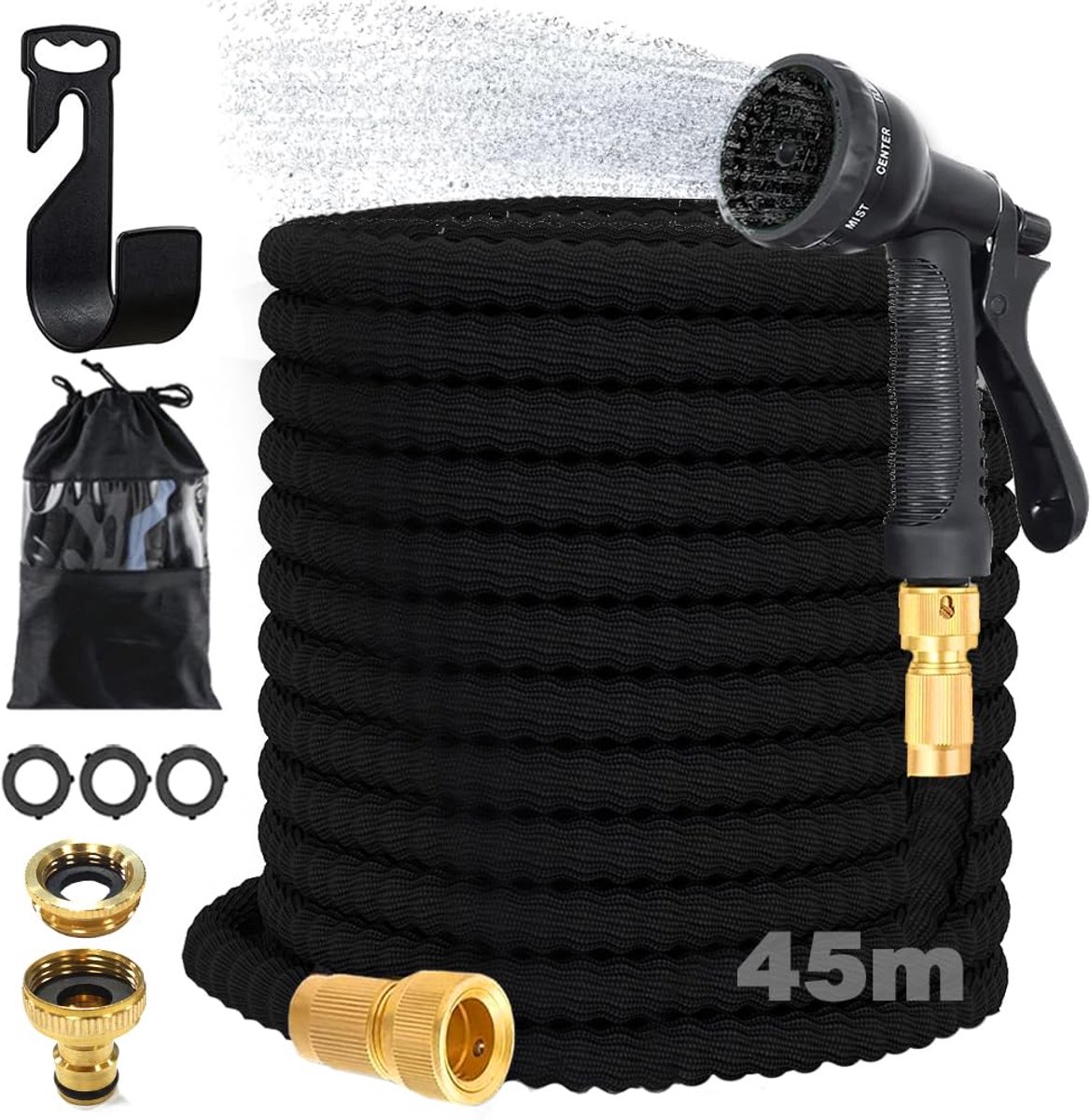 Flexibele tuinslang, flexibel, maximaal 45 m, met 8 sproeifuncties, 1/2 inch 3/4 inch adapter en wandhouder, knikvrij - ShopVlot