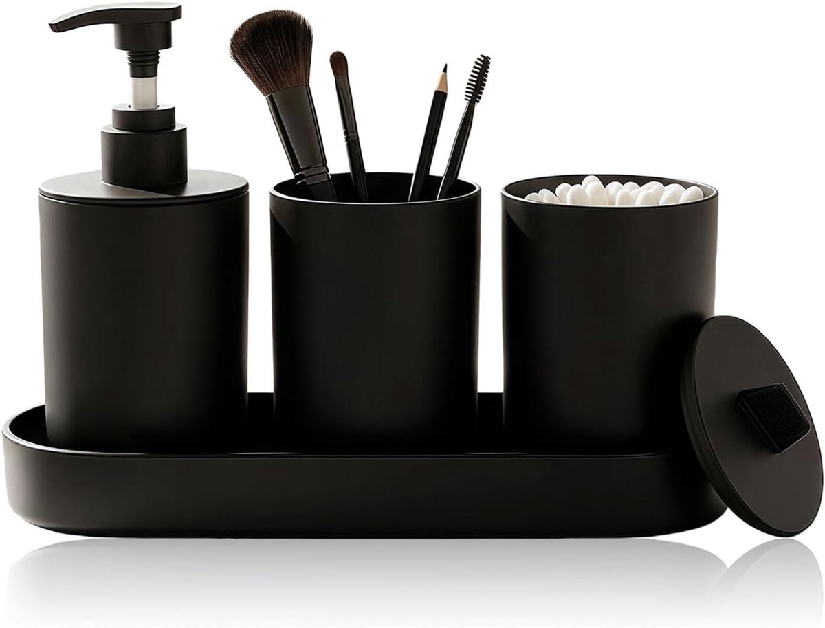 SnelShoppen - 4-delig Badezimmer Set Matt Zwart - Modern Badkameraccessoires met Zeepdispenser, Tandenborstelbeker, Voorraadpot & Tray - Kunststof Org