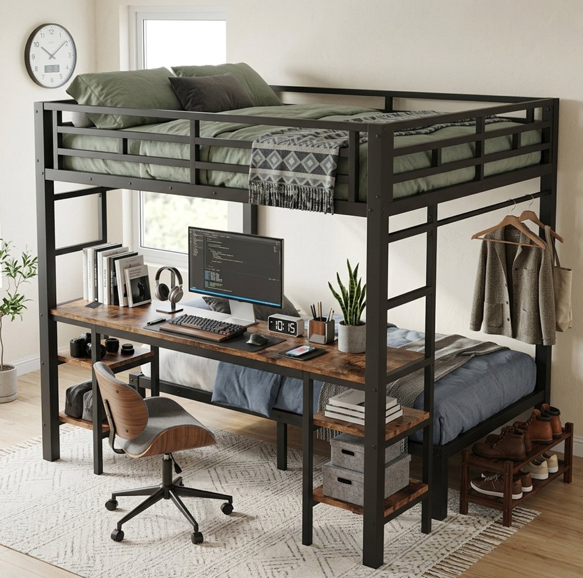 STILVORA Stapelbed 140x200 cm En 90x200 cm – Bureau Met Oplaadfunctie – Kledingstang En Dubbele Ladder – Metaal – Zwart – Zonder Matras