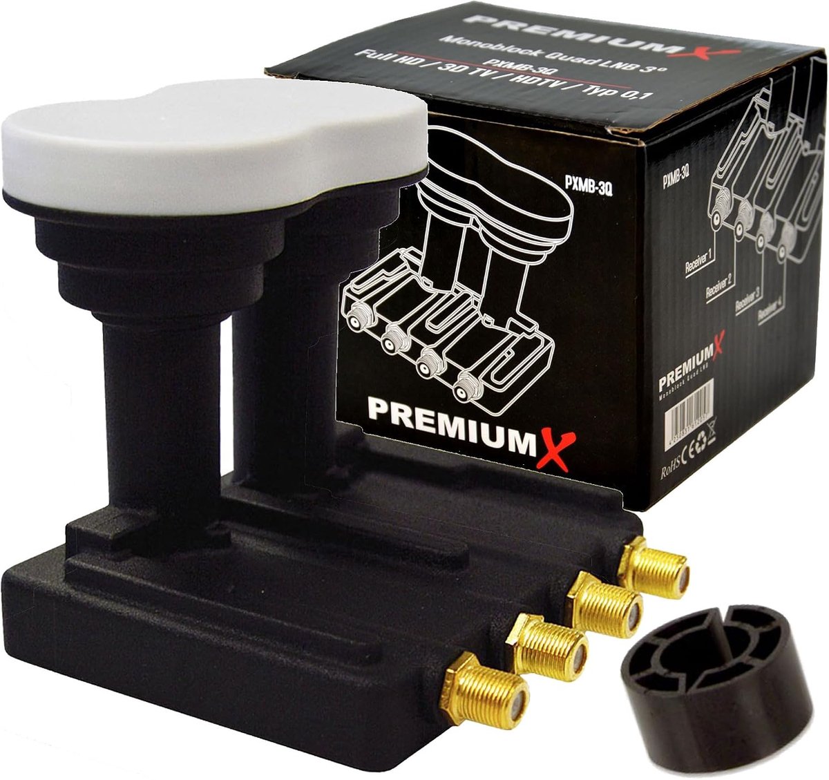 PremiumX Monoblock Quad LNB 3° PXMB-3Q 0.1 dB Astra 19.2° Eutelsat 16° HDTV FullHD UltraHD 4K 3D suitable for 4 - ShopVlot