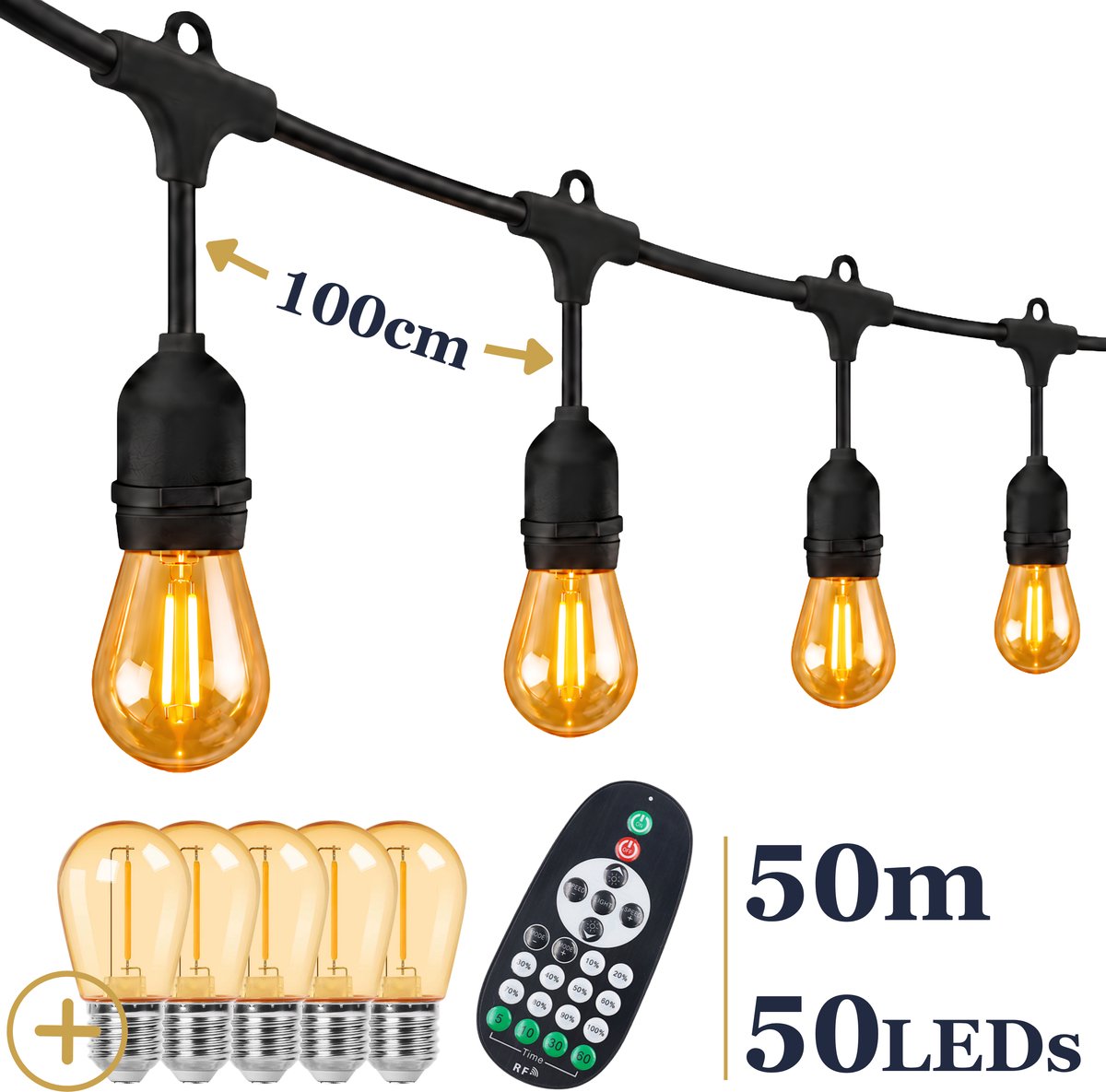 Odaily S14 Lichtsnoer 50m - 50 LEDs Amber - IP65 - Extra Warm Wit Licht - Dimbaar - Premium Kwaliteit