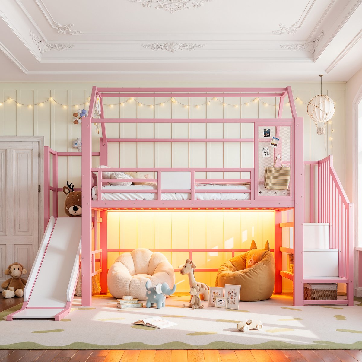 DESMIU Hoogslaper 90 x 200 cm – Kinderbed in Huisvorm met Glijbaan, Opbergtrap en Ledverlichting – Zonder Matras – Metaal en MDF – Roze