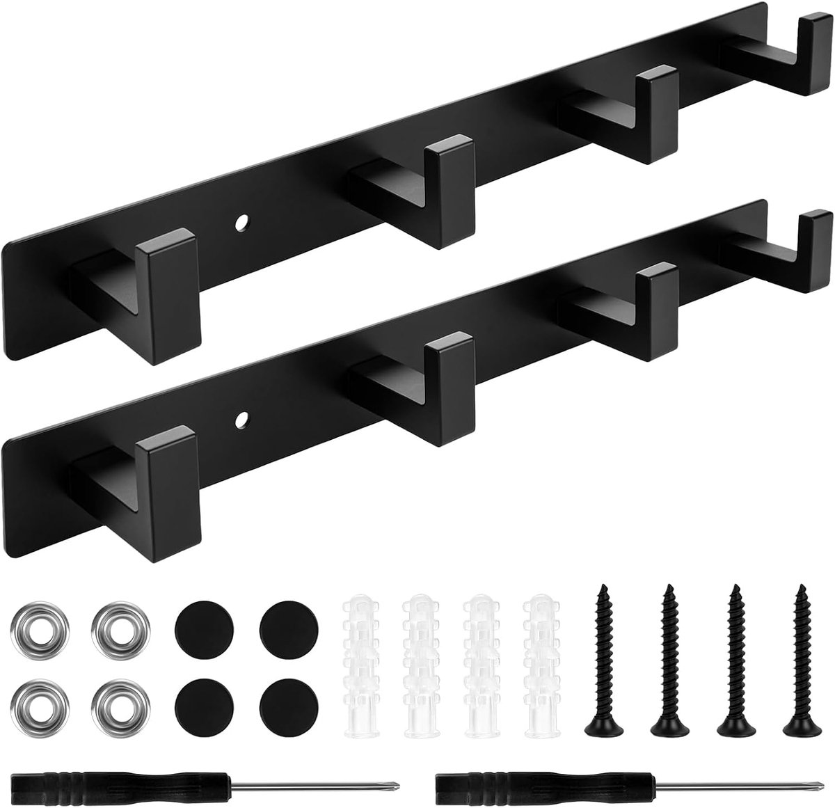 Set van 2 zwarte haken, elk 4 haken, 30 cm, met zelfklevende of schroefmontage, wandhaken voor hal, badkamer en - ShopVlot