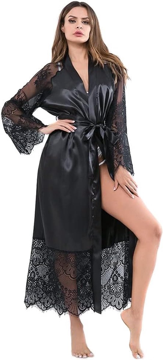 Silk Robes Long Satin Dressing Gown for Women UK Lace Trim Sexy Kimono Bathrobe Bride Bridesmaids Nightdress V Neck - ShopVlot