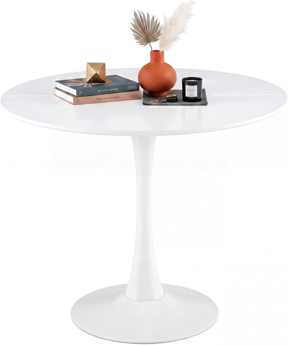 Eettafel, wit en keukentafel, rond, diameter 90 cm, voor 2-6 personen, als eettafel, tuintafel, vergadertafel, in wit