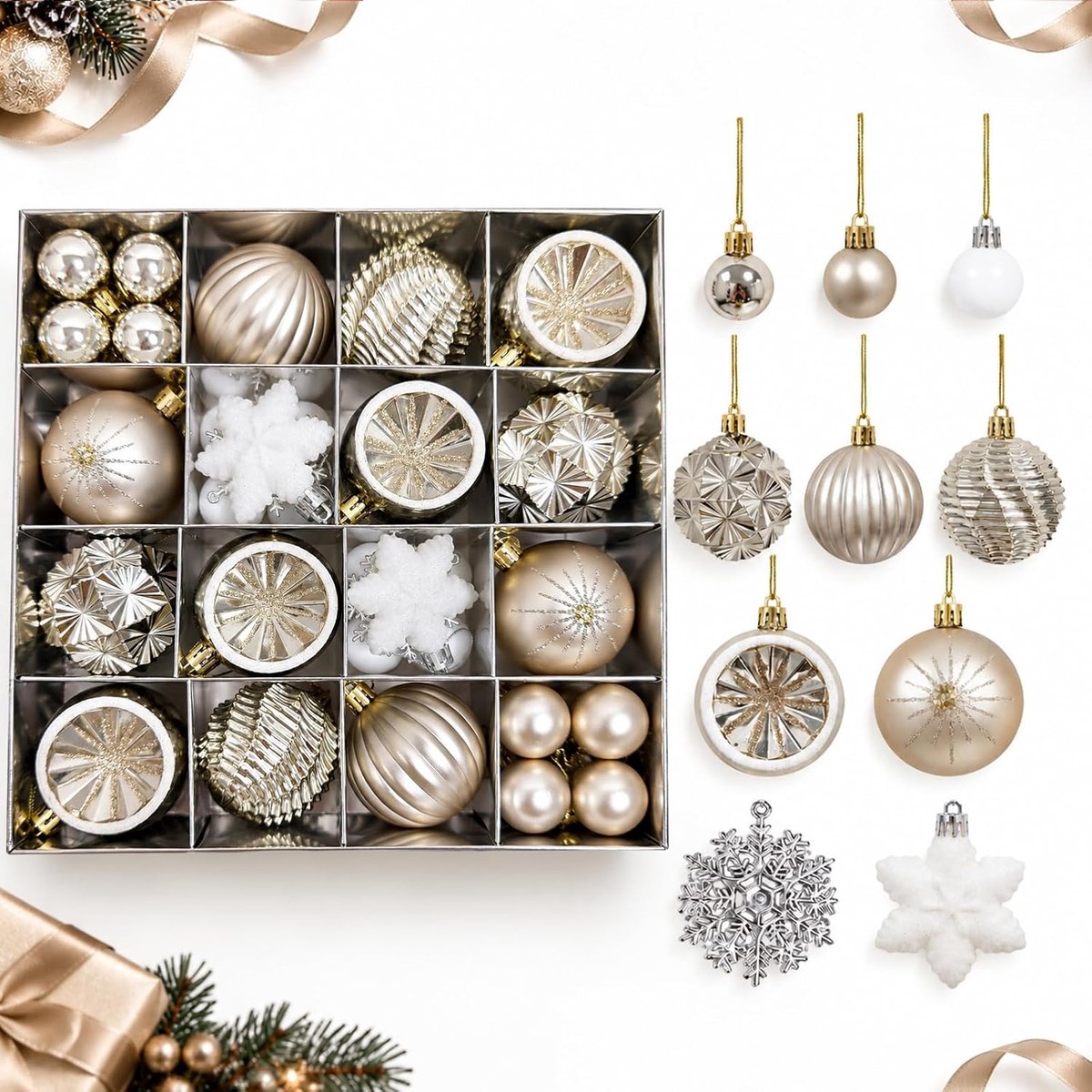 Kerstballen van kunststof, kerstboomversiering, champagne