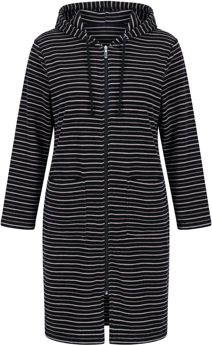 Ulla Popken - Dames - Badjas strepen 2-weg zipper lange mouw badstof - Zwart - Maat 50+