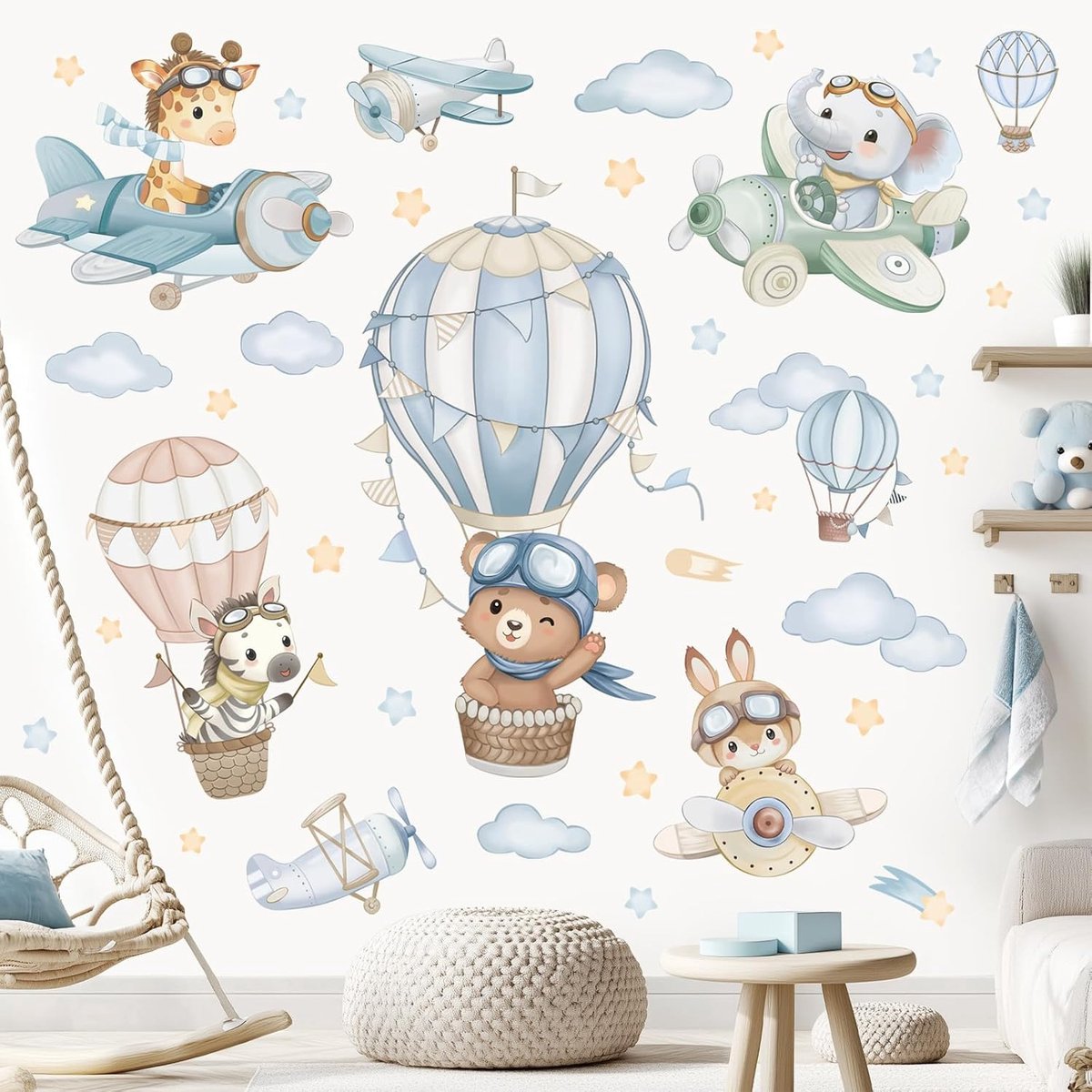 SnelShoppen - Watercolor Wandstickers Luchtballon Dieren - Peppa en Olifant Muurstickers - PVC Herbruikbare Plakstickers voor Kinderkamer, Babykamer,