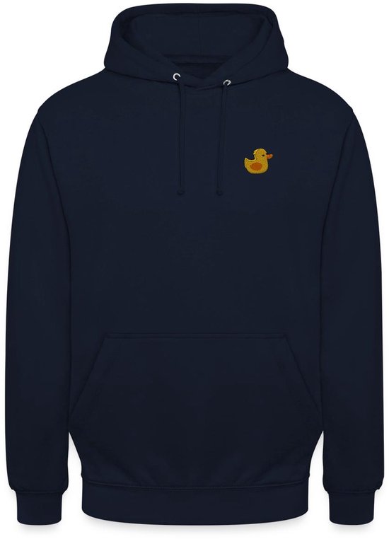 Marineblauwe hoodie met capuchon en een klein geborduurd geel eendje op de linkerborst.