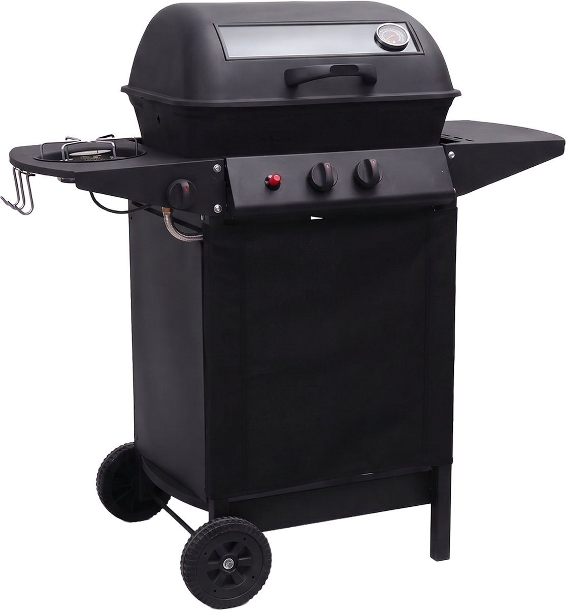 Alora Gasbarbecue - 2 RVS Hoofdbranders & Zijbrander - Geïntegreerde Thermometer, Kijkvenster, Vetopvangbak & Zijtafel - BBQ op Wielen - Zwart
