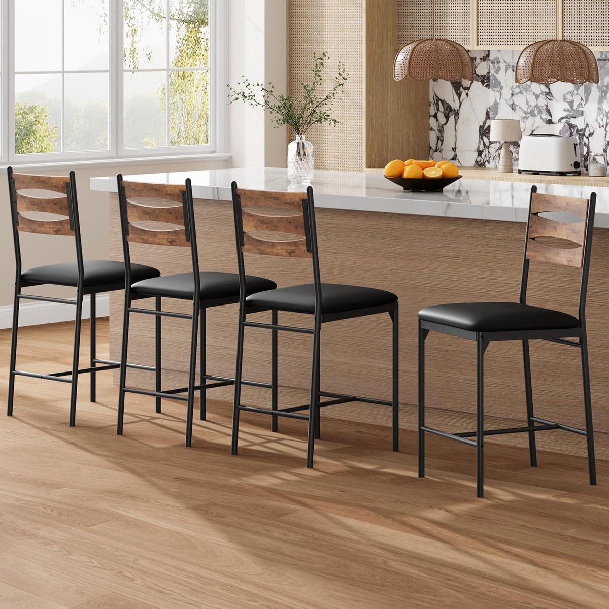 Barkrukken Set van 4 - Houten Rugleuning Barstoelen PU Kussen 113kg - Bruin