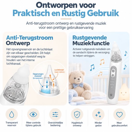 Elektrische Neusaspirator voor Baby’s - 3 Zuigstanden - 3 Siliconen Tips - Oplaadbaar - Muziek - Anti-Terugstroom - Wit — afbeelding 4