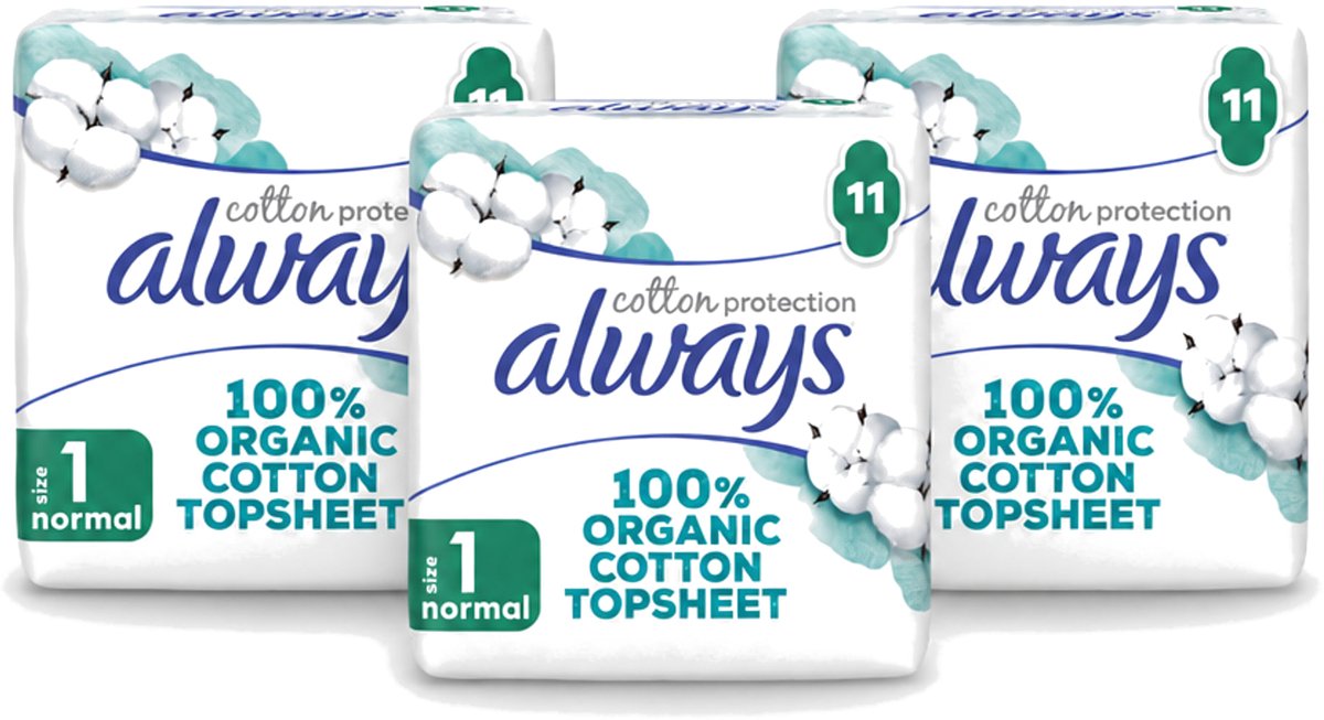 3 x Always – Maandverband – Bio Cotton Protection Ultra Normal met Vleugels – 11 stuks - Voordeelverpakking - 3 stuks