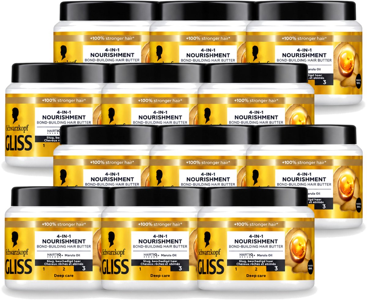 12 x Gliss - Haarmasker - 4in-1 Hair Butter - Voor Intensieve Herstelverzorging - 400 ml - Voordeelverpakking - 12 stuks