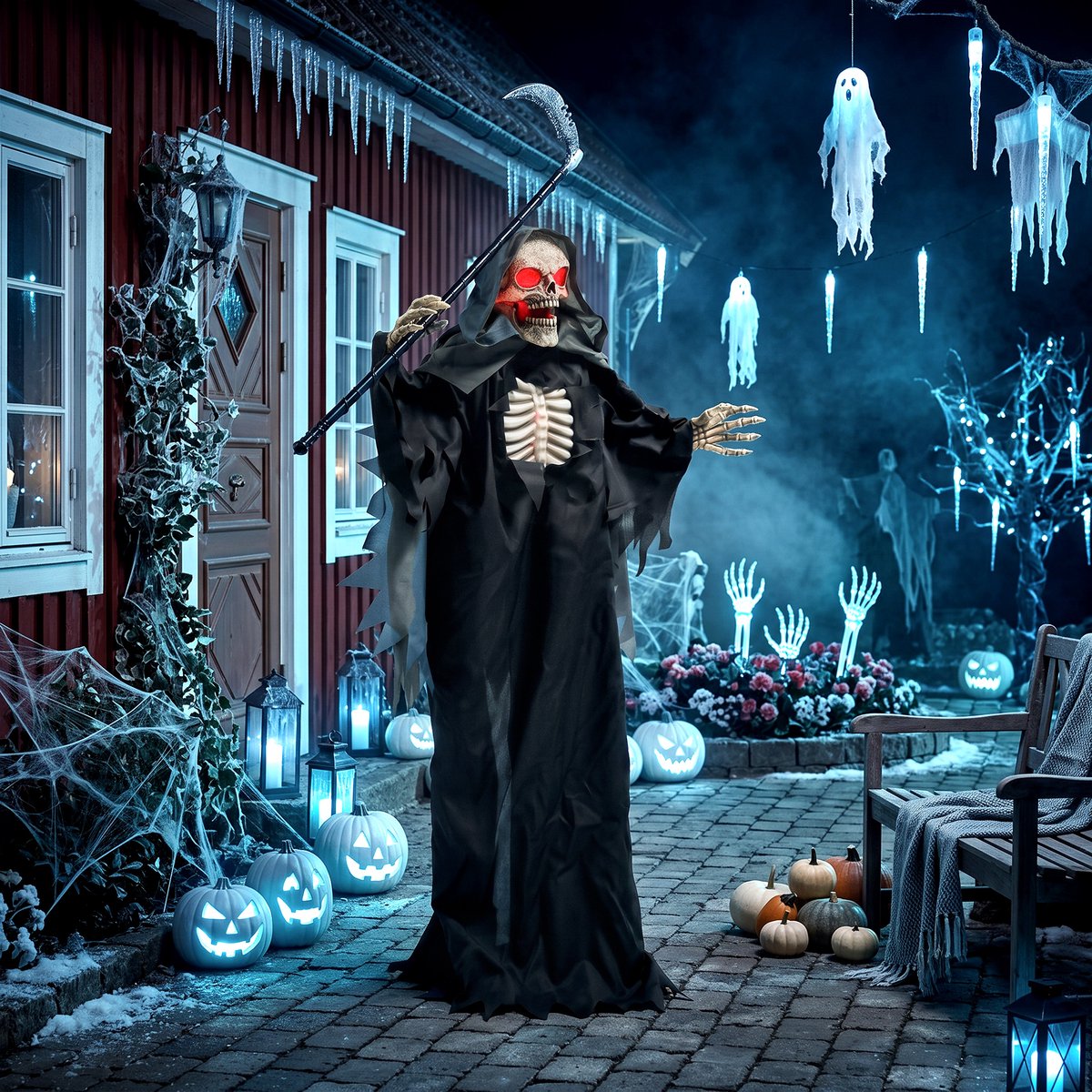 TEKROA® Halloween decoratie - Halloween hangdecoratie skelet –Halloween decoratiepoppen - griezelige animatronic met geluid en aanraakactivering - 170CM
