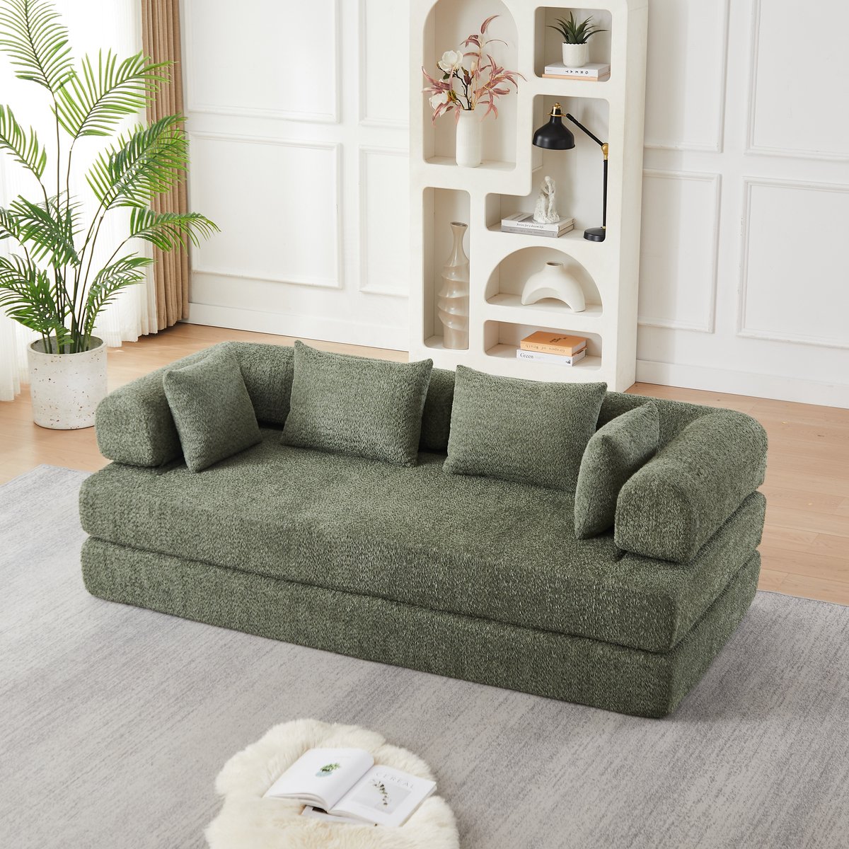 OKWISH Slaapbank 200 x 95 cm - 2-Zits 4-in-1 Modulair Met Verstelbare Rugleuning - Woonkamer - Chenille - Groen Met 4 Kussens