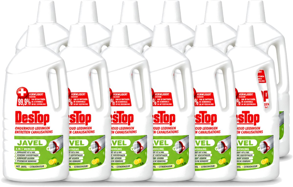 12 x DesTop - Onderhoud Leidingen - Javel - 4-in-1 Werking - Citroengeur - 1,5L - Voordeelverpakking - 12 stuks