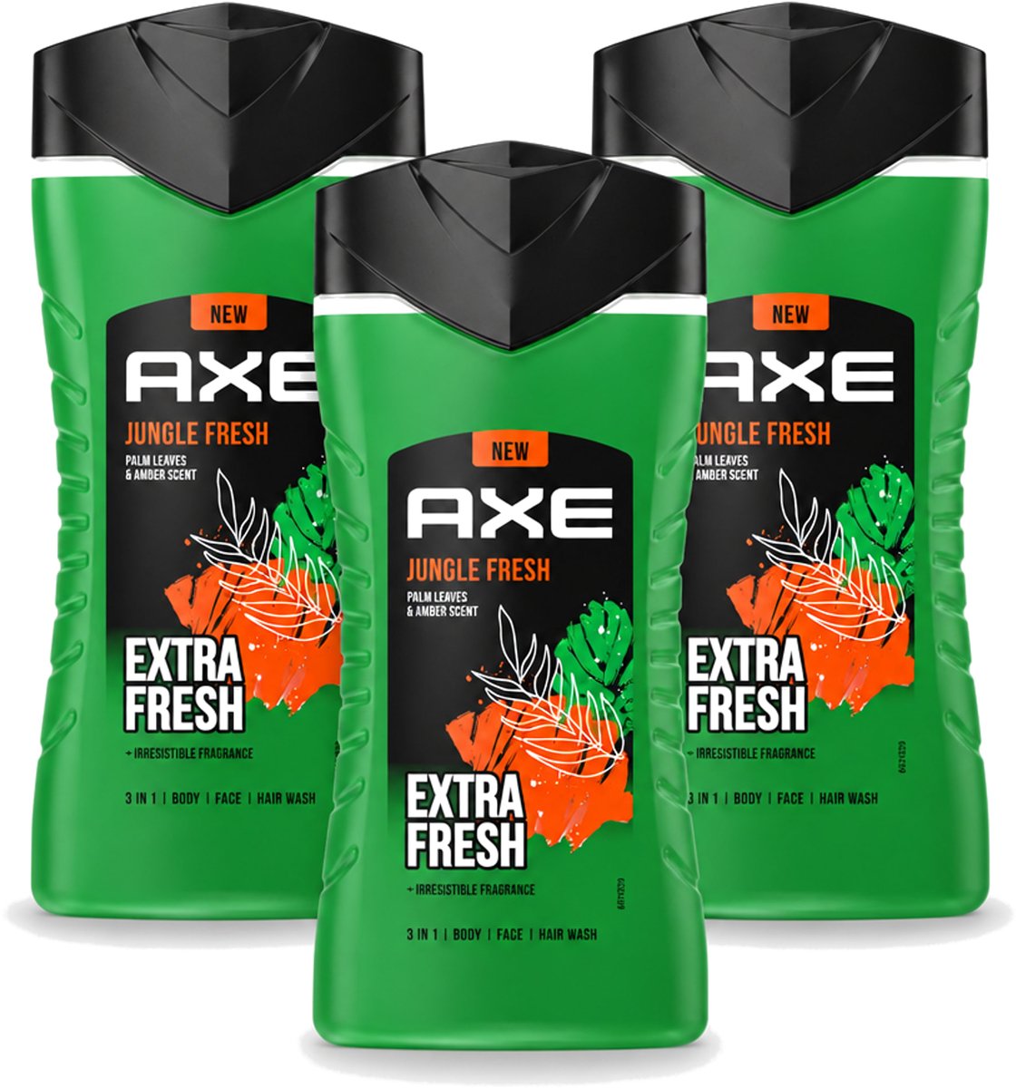 3 x Axe - 3-in-1 Douchegel - Jungle Fresh - Palm Leaves & Amber - Extra Fresh - 250 ml - Voordeelverpakking - 3 stuks
