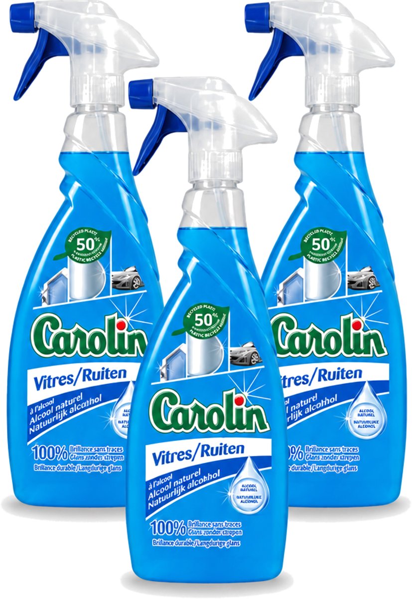 3 x Carolin - Glas- en Ruitenreiniger - Met Natuurlijke Alcohol - 650 ml - Bulkverpakking - 3 stuks