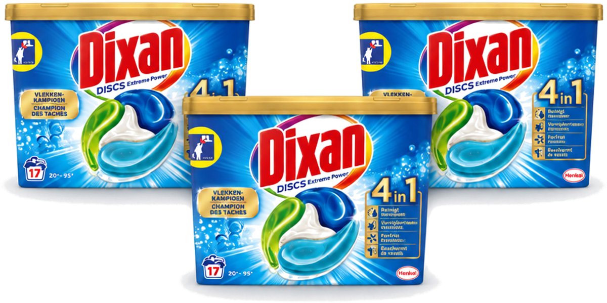 3 x Dixan Discs - Wasmiddelcapsules en Vlekverwijderaar - Extreme Power - Witte, Gekleurde & Zwarte Was - 17 Wasbeurten - Voordeelverpakking - 3 stuks