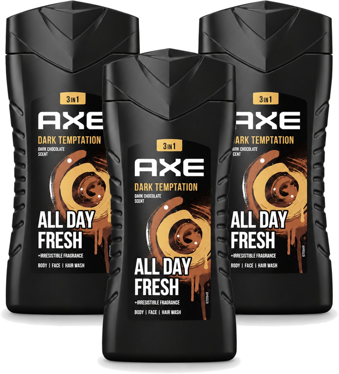 3 x Axe - 3-in-1 Douchegel - Dark Temptation - Dark Chocolate - 12hrs Long Lasting Scent - 250 ml - Voordeelverpakking - 3 stuks