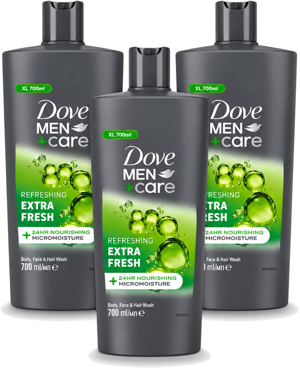 3 x Dove Men+Care - Extra Fresh - Douchegel 3-in-1 - Verzorgend - 700 ml - Voordeelverpakking - 3 stuks