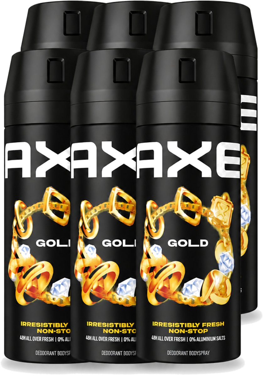 6 x Axe - Deodorant Bodyspray - 48hrs Fresh - Gold - Oud Wood & Fresh Vanilla - 150 ml - Voordeelverpakking - 6 stuks