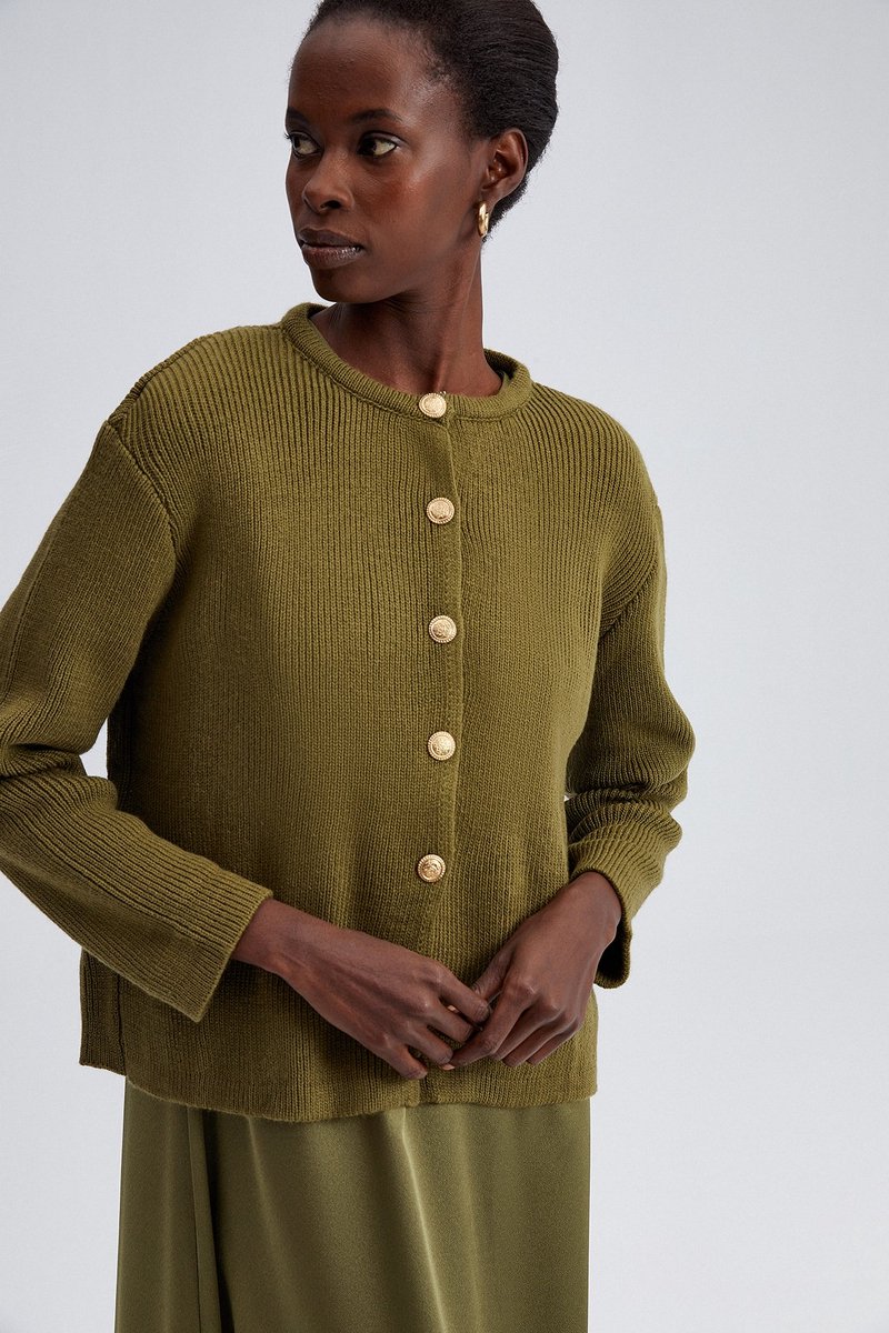 Touché Privé - Kort gebreid vest met gouden knopen - Khaki - Dames